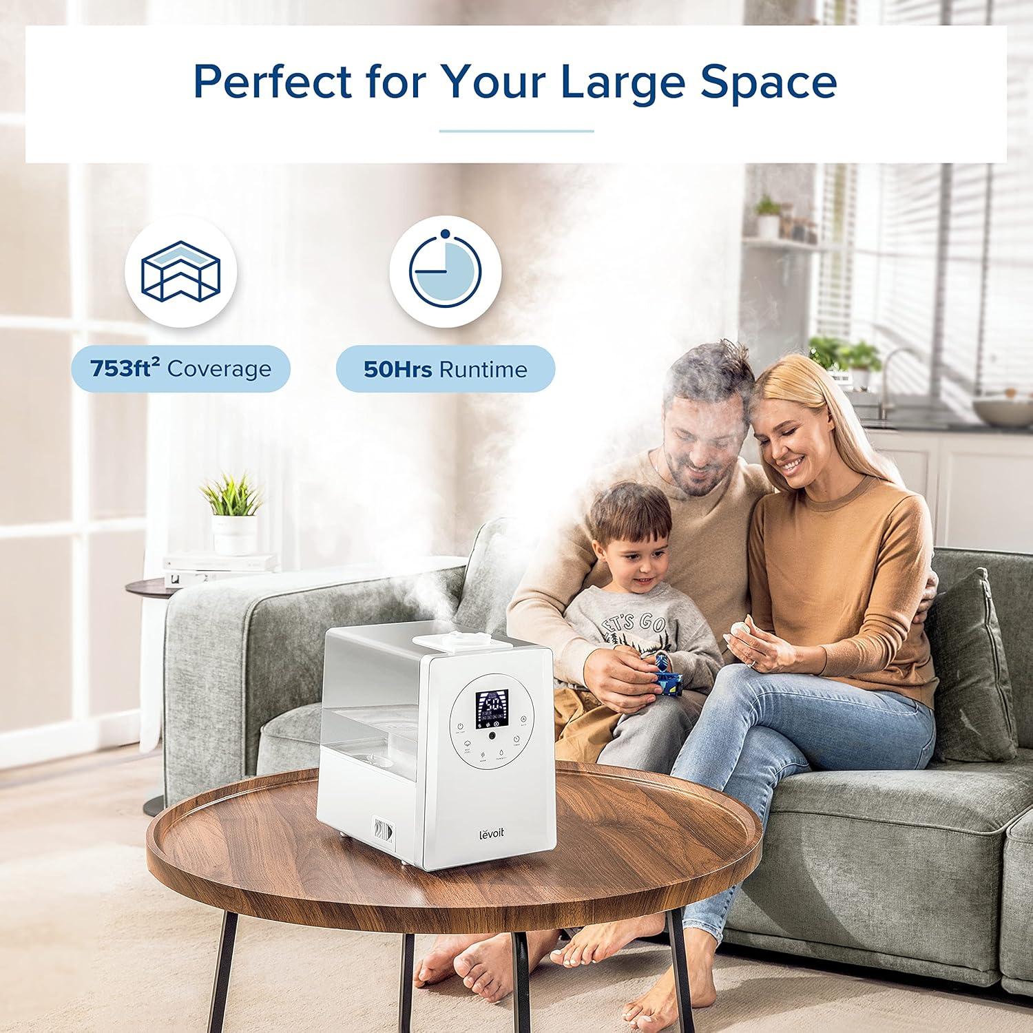 imageLEVOIT Superior 6000S Smart Evaporative Humidifiers for Home Whole House up to 3000ft 6 Gal Last 72Hour Premium Filter Dry Mode Wheels ampamp Water Fill Hose ampamp Foldable Storage  Quiet Sleep Mode6L