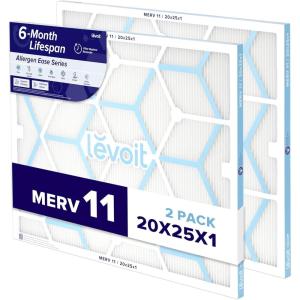 imageLEVOIT 20x20x1 Air Filter MERV 11 6Month Pleated Furnace Filters for Home AC HVAC HighEfficiency Allergen Defense for Pet Dust and Smoke 2 Pack Actual Size 19691969079 inches20251
