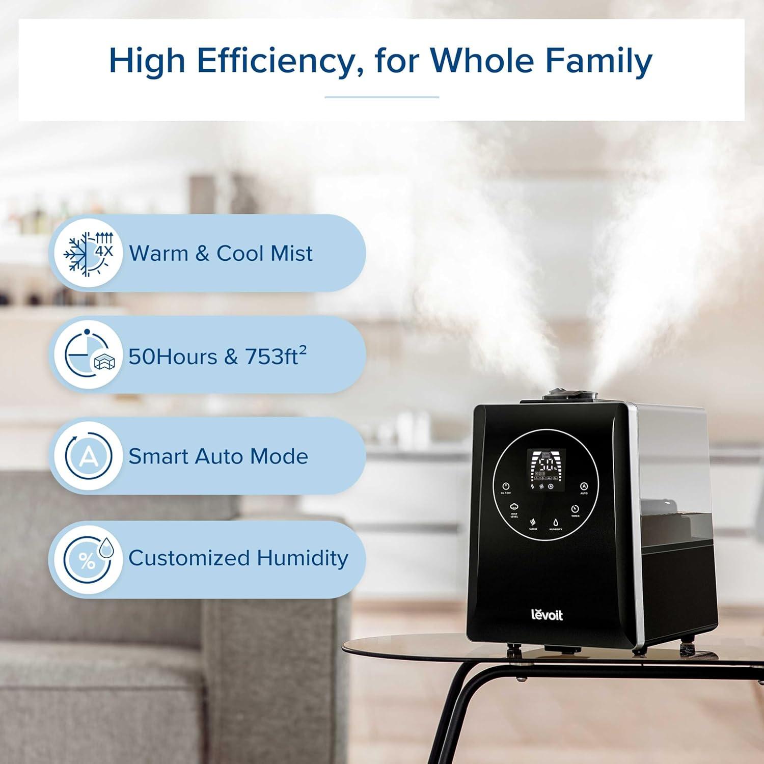 imageLEVOIT Superior 6000S Smart Evaporative Humidifiers for Home Whole House up to 3000ft 23L Last 72Hour Premium Filter Dry Mode Wheels amp Water Fill Hose Foldable Storage Sleep Mode New EditionBlack