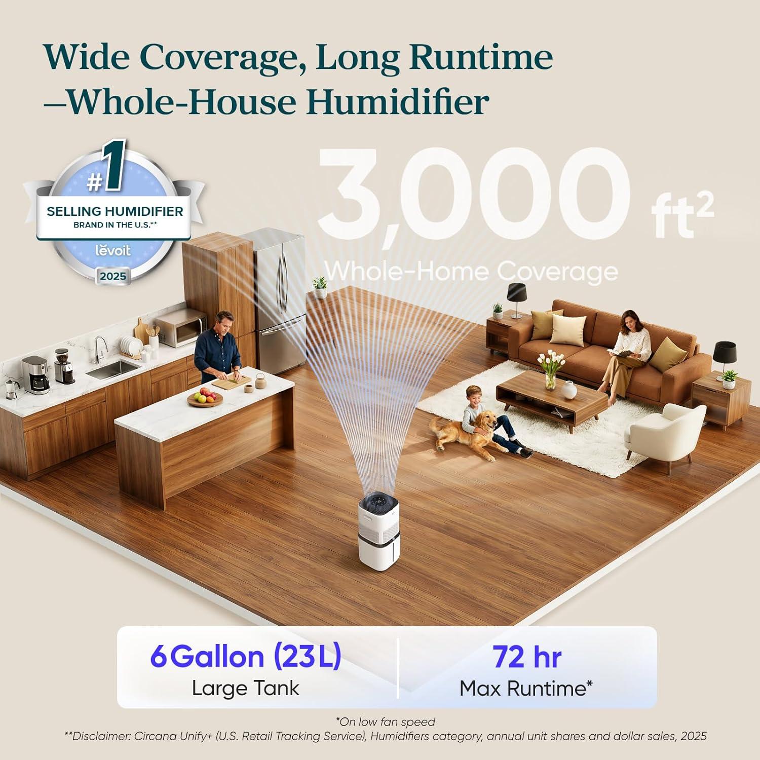 imageLEVOIT Superior 6000S Smart Evaporative Humidifiers for Home Whole House up to 3000ft 23L Last 72Hour Premium Filter Dry Mode Wheels amp Water Fill Hose Foldable Storage Sleep Mode New EditionWhite